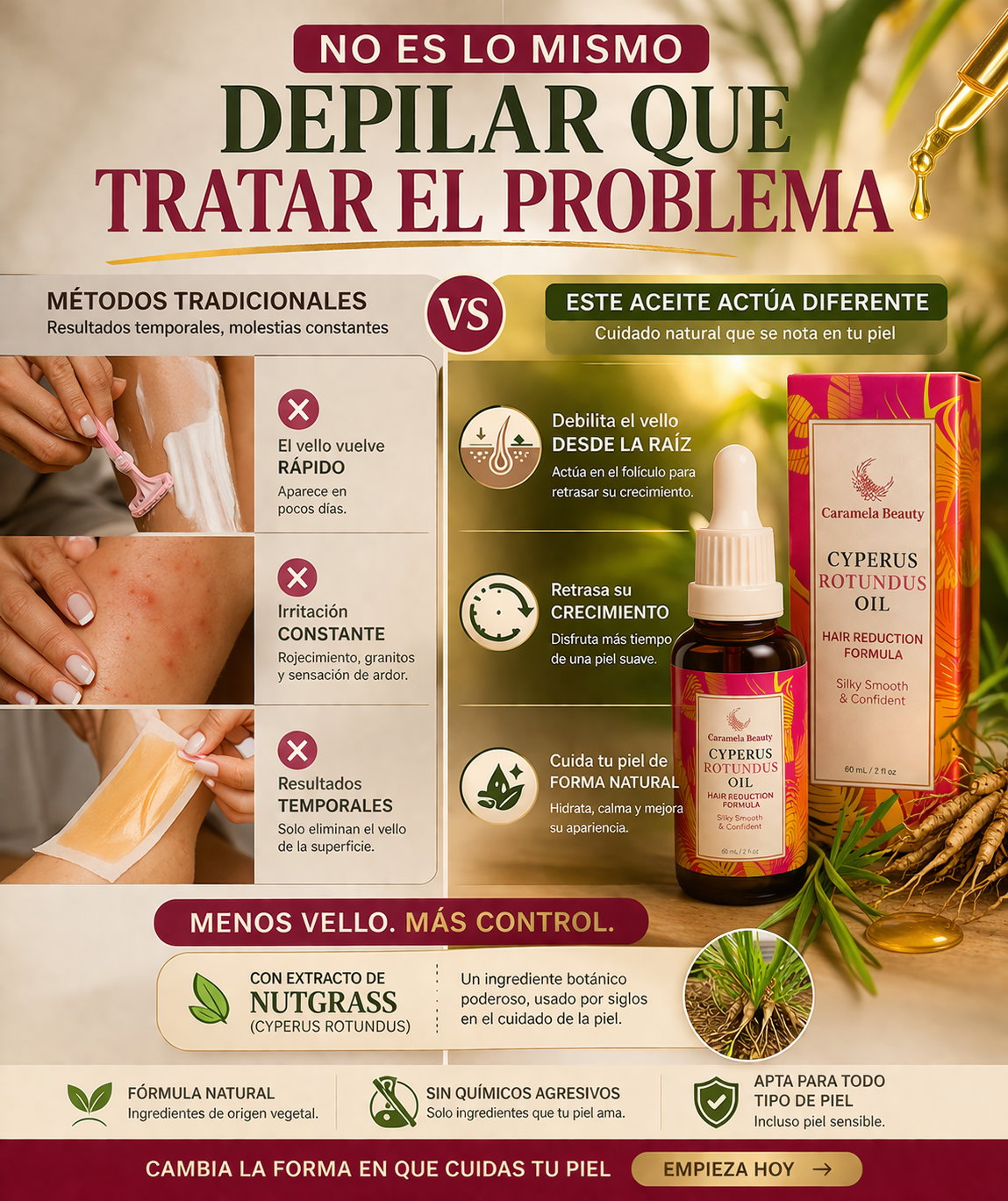 Dile Adiós al Vello Rápido con Este Aceite Natural “Cyperus Rotundus Oil”